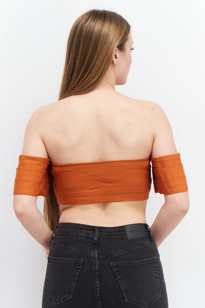 Vesper Women Off Shoulder Short Sleeve Solid Crop Top, Rust - Image 4